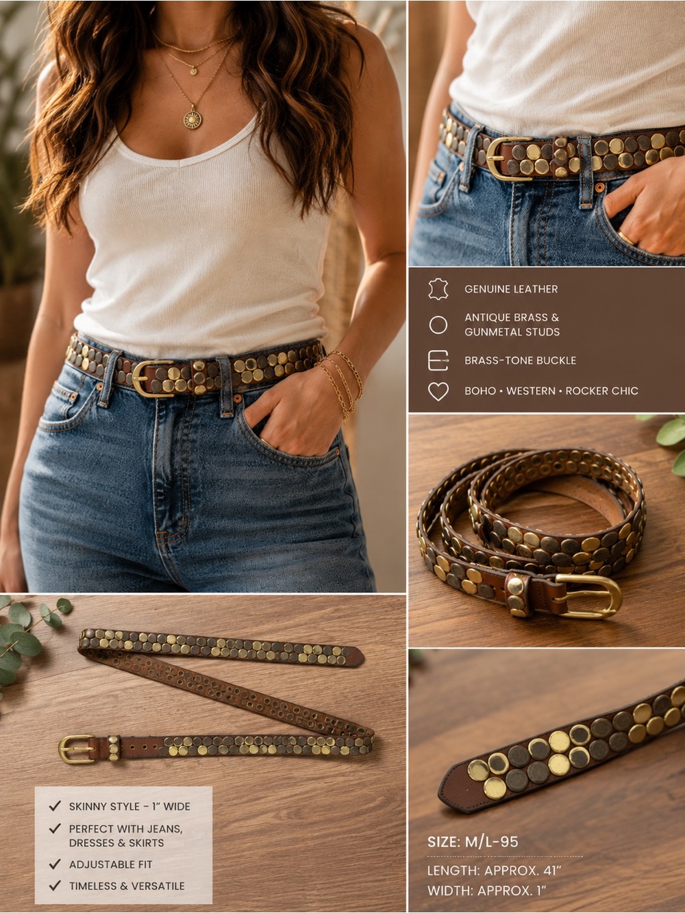 Amsterdam Heritage Chiara Skinny Studded Leather Belt Brown M/L 95 Boho